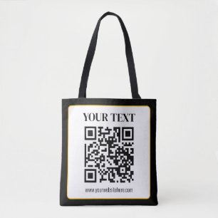 Business QR code w/Top & Bottom Text, Black & Gold Tote Bag