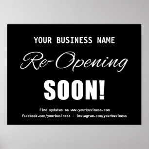 Business Re-Opening Soon Black Poster