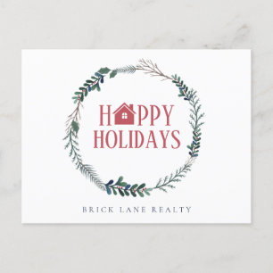 Business Real Estate Happy Holidays Green Wreath Holiday Postcard