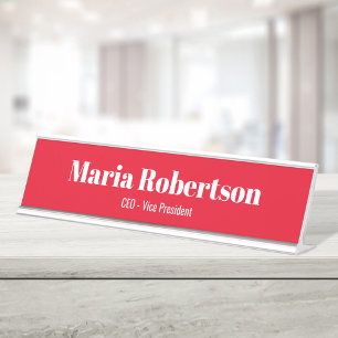 Business Red and White Simple Custom Desk Name Plate