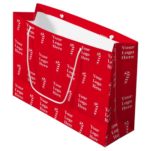 Business Red & White Christmas Candy Canes Logo Large Gift Bag (Front Angled)
