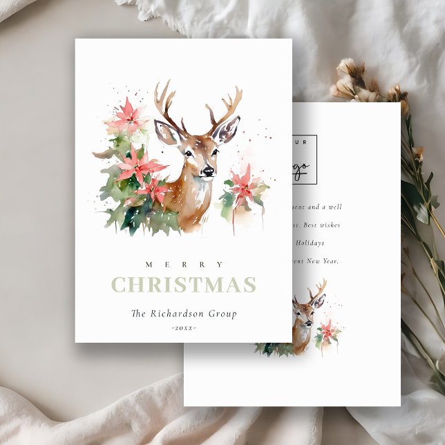 Business Reindeer Floral Christmas Corporate Logo Holiday Card (Creator Uploaded)