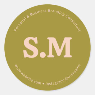 Business Retro Monogram Green Blush Pink Classic Round Sticker