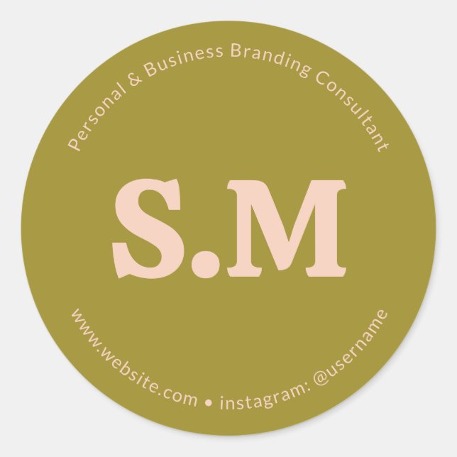 Business Retro Monogram Green Blush Pink Classic Round Sticker (Front)