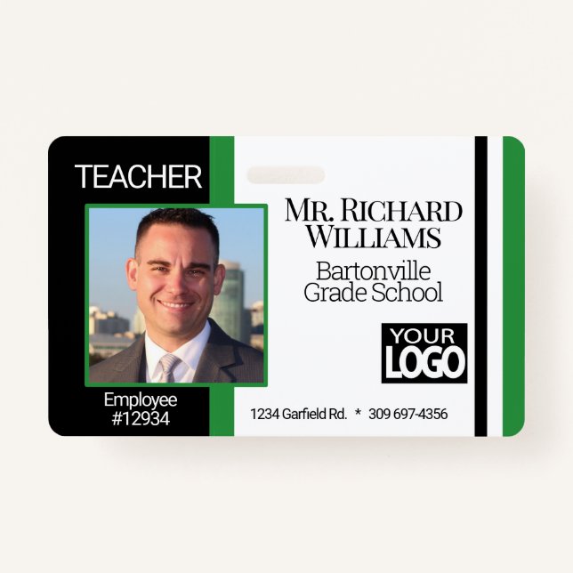 Business / School Photo ID- Black, White and Green ID Badge (Front)