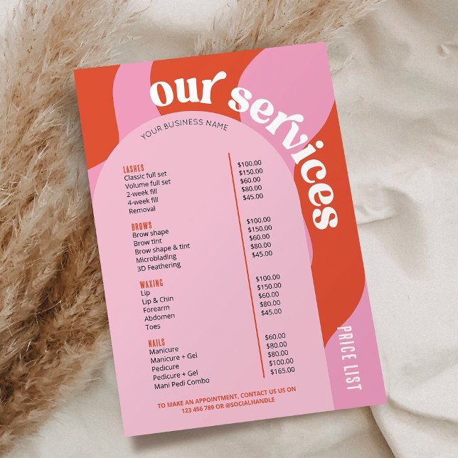Business Services Price List Trendy Retro Pink Red (Trendy retro style girly pink + red business price list of services with unique arch background)