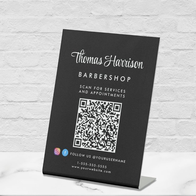 Business Signature Script QR Code Black Pedestal Sign (Empower your name in our signature script as your logo and brand identity)