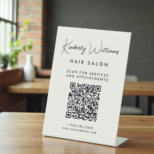 Business Signature Script QR Code Cream Pedestal Sign