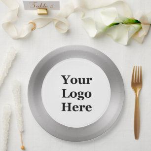 Business Silver and White Your Logo Here Template Paper Plate