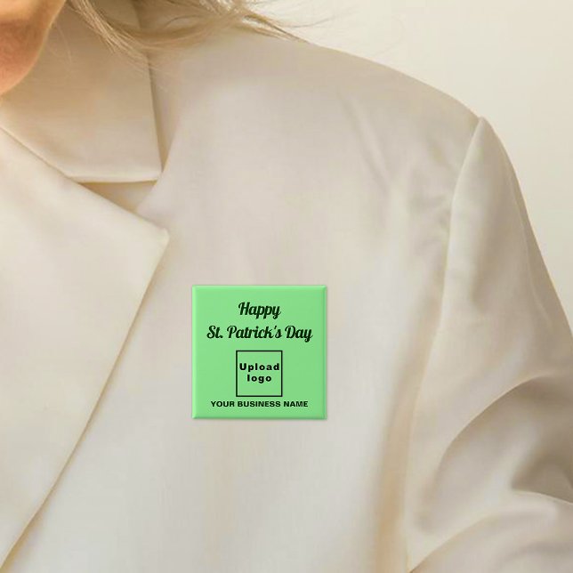 Business St. Patrick Light Green Square Button (Business name and logo with Happy Saint Patrick's Day greeting on light green square button.)