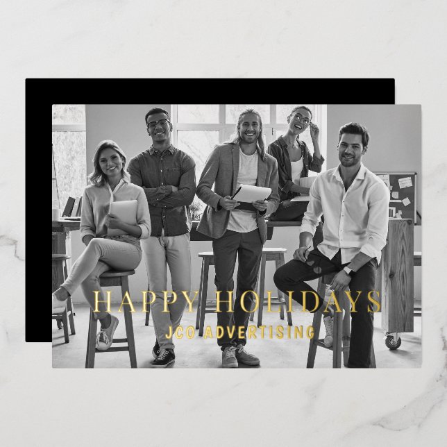 Business Staff Photo B/W Gold Foil Holiday Card (Front/Back)