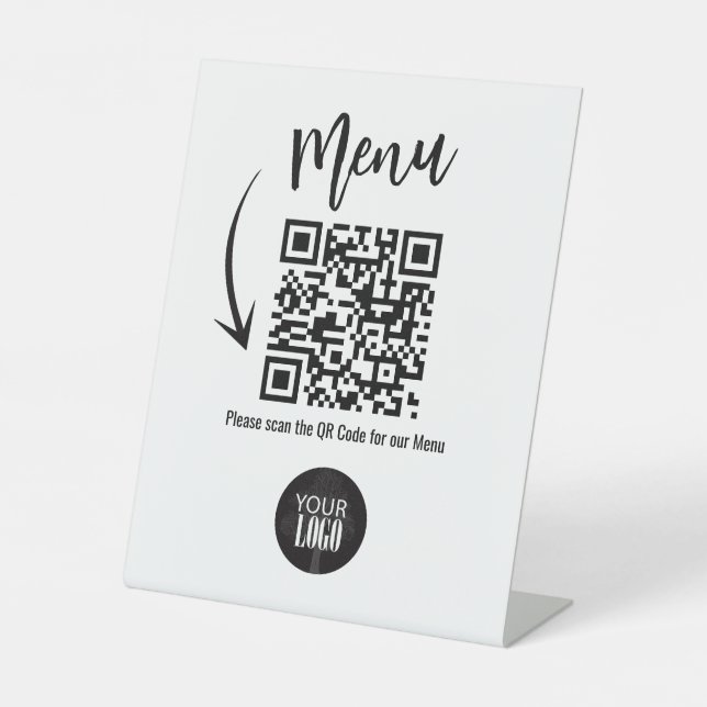 Business Tabletop QR Code Modern Logo Menu Pedestal Sign (Front)