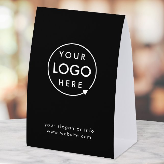 Business Tabletop Sign | Black Logo Pedestal Sign (Sleek black company branded professional paper table tent signs for small business promotion.)
