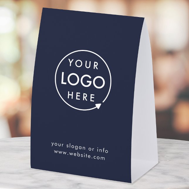 Business Tabletop Sign | Navy Logo Pedestal Sign (Navy blue company branded professional paper table tent signs for small business promotion.)
