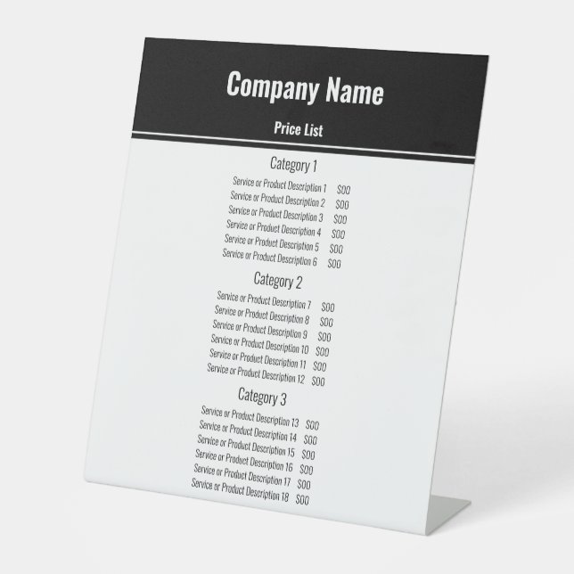Business Template Black & White Price List Pedestal Sign (Front)