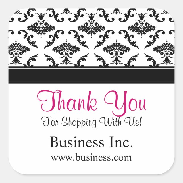 Business Thank You Black Damask Pink Square Sticker (Front)
