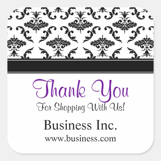 Business Thank You Black Damask Purple Square Sticker (Front)