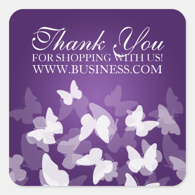 Business Thank You Butterflies Purple Square Sticker (Front)