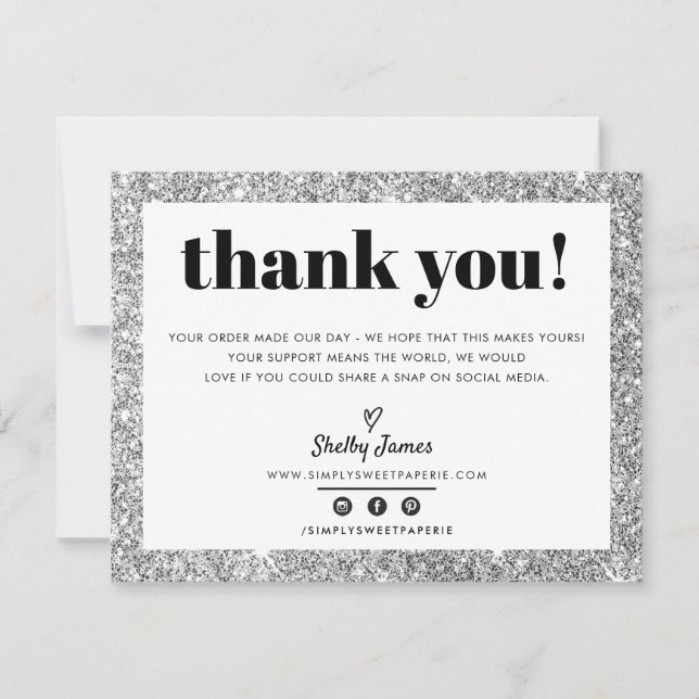 BUSINESS THANK YOU chic glam silver glitter LOGO Card (Front)