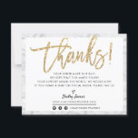 BUSINESS THANK YOU chic marble gold glitter script<br><div class="desc">by kat massard >>> WWW.SIMPLYSWEETPAPERIE.COM<<< Send and extra special THANK YOU message with style and pizzazz for your customers. Add your logo on the back and even had write a personal note - great, professional customer service that will keep them coming back! TIPS 1. To resize / reposition the photo...</div>