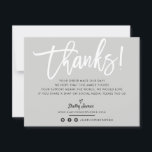BUSINESS THANK YOU chic white script grey Card<br><div class="desc">by kat massard >>> WWW.SIMPLYSWEETPAPERIE.COM<<< Send and extra special THANK YOU message with style and pizzazz for your customers. Add your logo or photo on the back and even had write a personal note / or add a promotional - great, professional customer service that will keep them coming back! TIPS...</div>