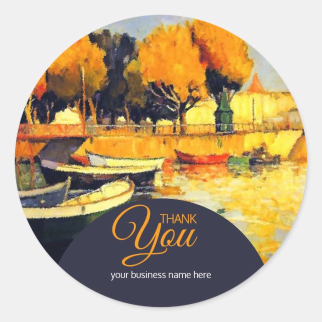 Business Thank You Colourful Island Boat Painting Classic Round Sticker (Front)