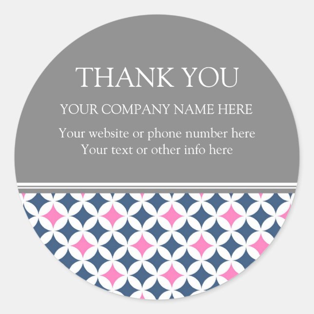 Business Thank You Company Name Blue Pink Pattern Classic Round Sticker (Front)