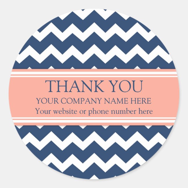 Business Thank You Company Name Coral Blue Chevron Classic Round Sticker (Front)
