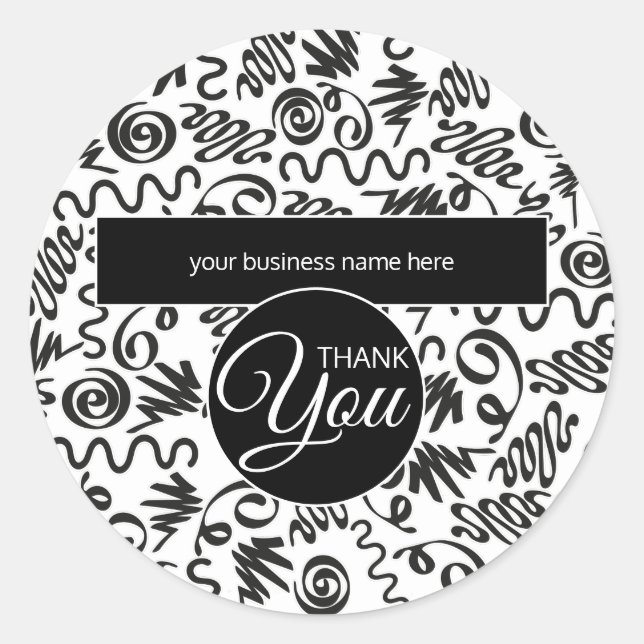 Business Thank You Doodle Curls Black and White Classic Round Sticker (Front)