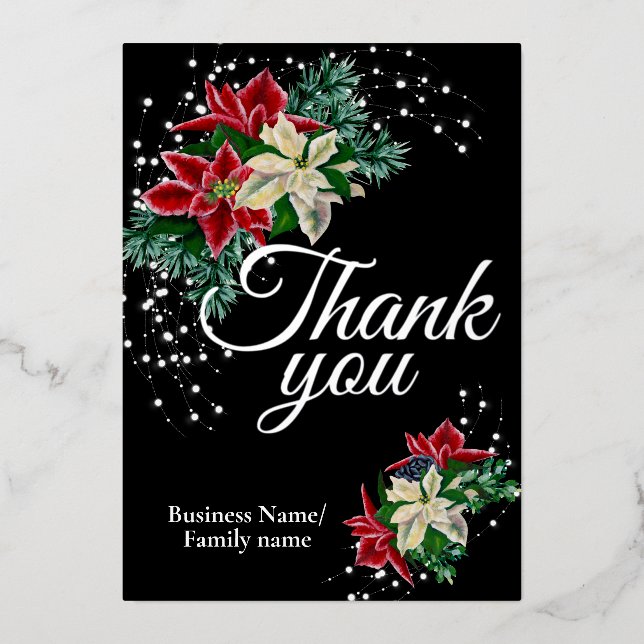 Business Thank You Floral Poinsettia  Foil Holiday Card (Front)