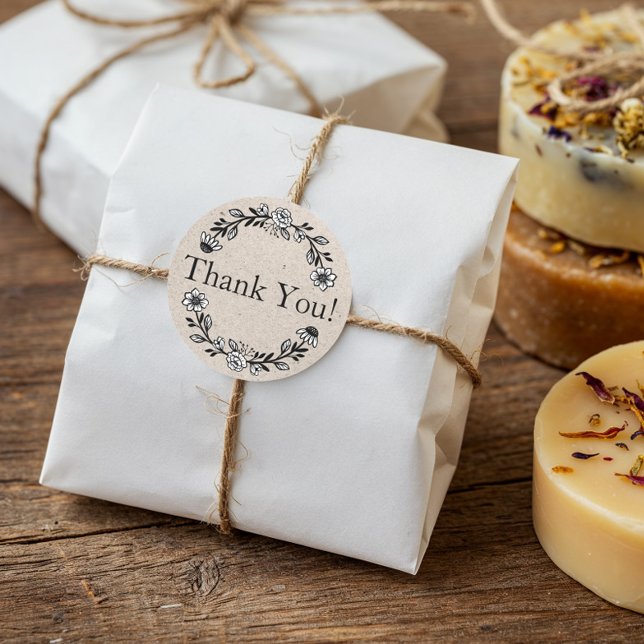 Business Thank You Floral Wreath Kraft Paper Classic Round Sticker (Business Thank You Floral Wreath Kraft Paper Classic Round Sticker)