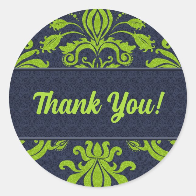 Business Thank You Green and Navy Damask Classic Round Sticker (Front)