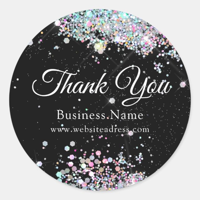 Business Thank You Holographic Glitter Black Classic Round Sticker (Front)