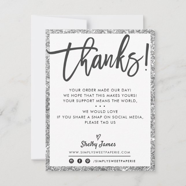 BUSINESS THANK YOU modern black silver glitter Card (Front)