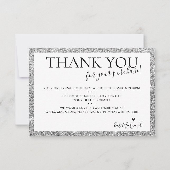 BUSINESS THANK YOU modern chic faux silver glitter Card (Front)