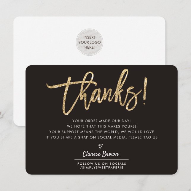 BUSINESS THANK YOU modern chic gold glitter black (Front/Back)