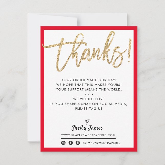 BUSINESS THANK YOU modern chic gold glitter red (Front)