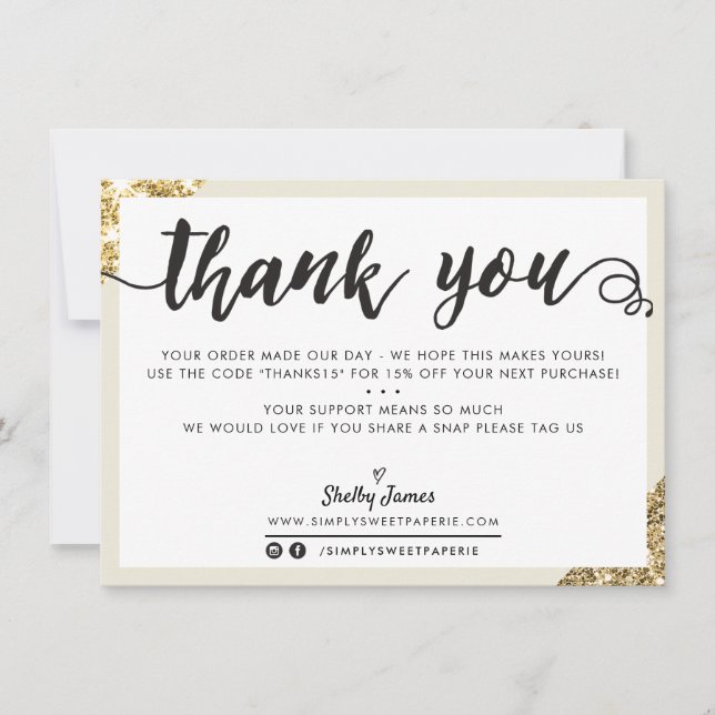 BUSINESS THANK YOU modern corner script cream gold Card (Front)
