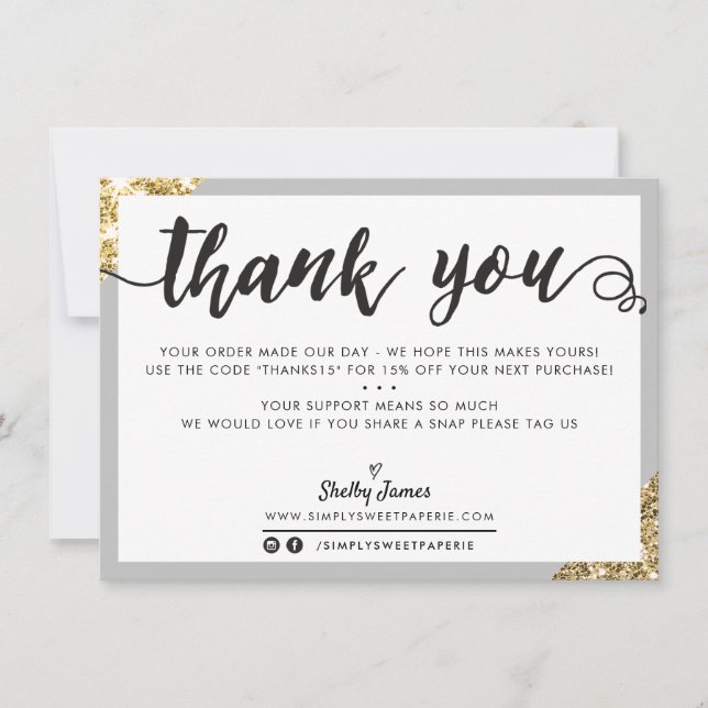 BUSINESS THANK YOU modern corner script grey gold Card (Front)