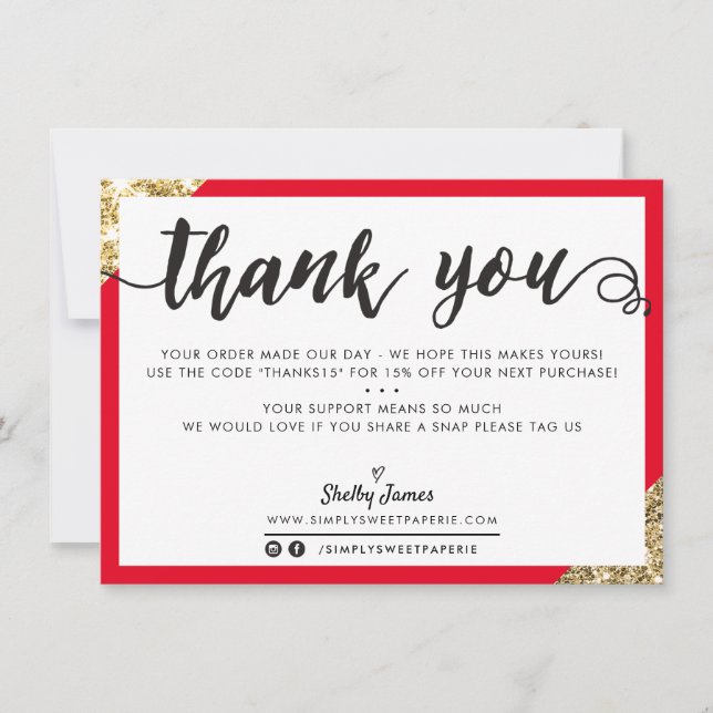 BUSINESS THANK YOU modern corner script red gold (Front)