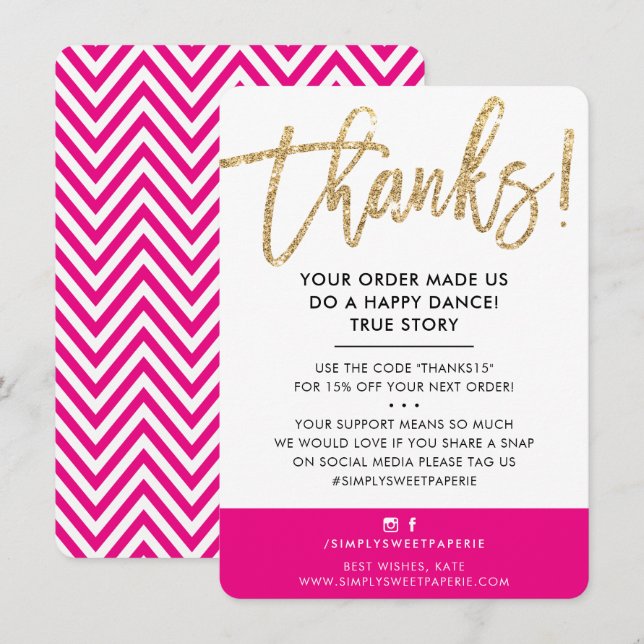 BUSINESS THANK YOU modern cute gold glitter pink (Front/Back)