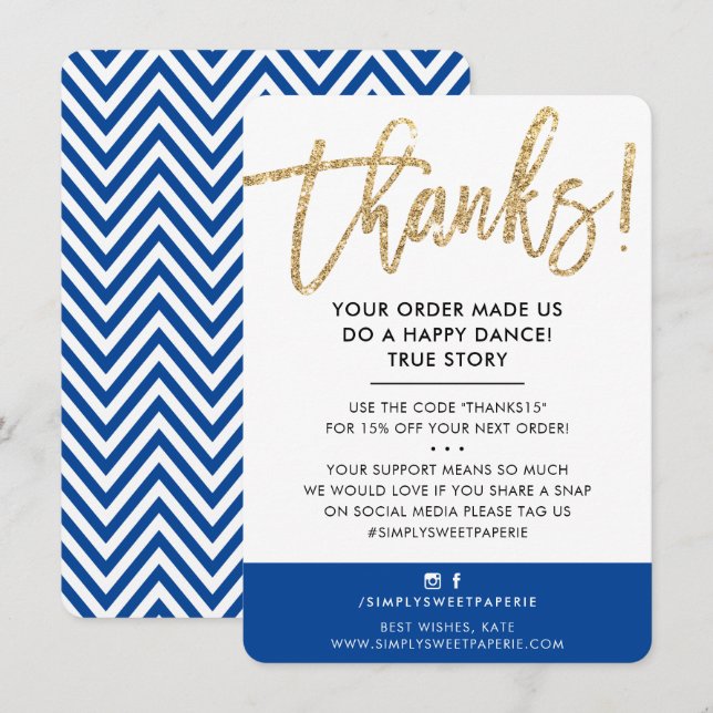 BUSINESS THANK YOU modern cute gold glitter royal Card (Front/Back)