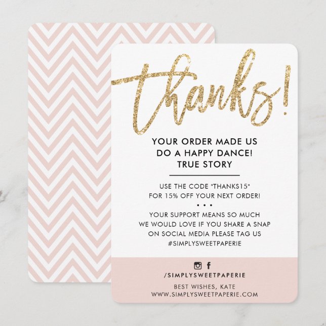 BUSINESS THANK YOU modern gold glitter blush pink (Front/Back)