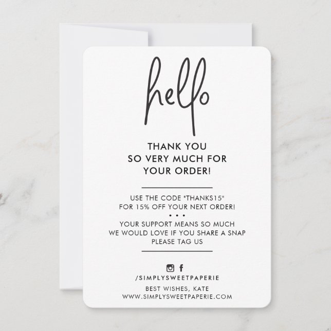 BUSINESS THANK YOU modern simple hello white black Card (Front)