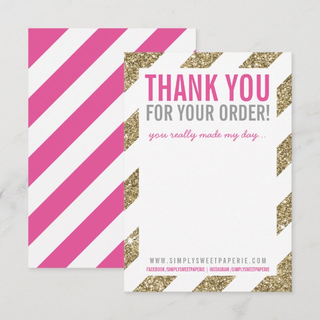 BUSINESS THANK YOU NOTE stripe gold glitter pink Invitation (Front/Back)
