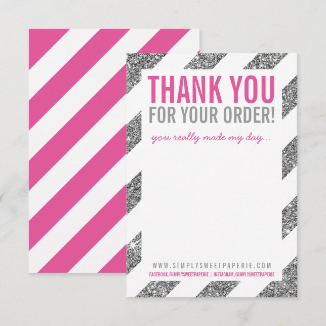BUSINESS THANK YOU NOTE stripe silver glitter pink Invitation (Front/Back)
