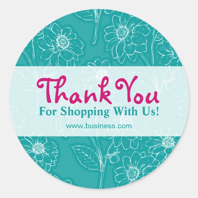 Business Thank You Pressed Flowers Turquoise Classic Round Sticker (Front)