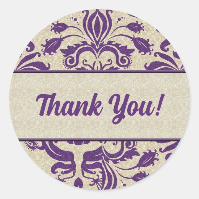 Business Thank You Purple and Taupe Damask Classic Round Sticker (Front)