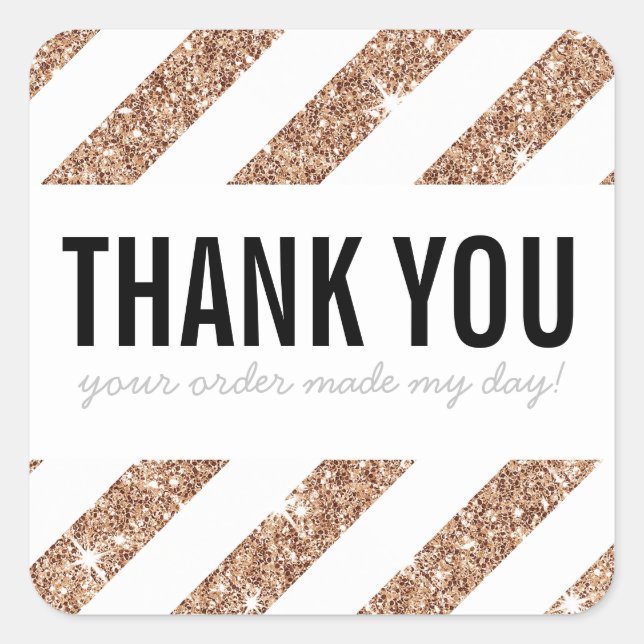 BUSINESS THANK YOU rose gold glitter stripe black Square Sticker (Front)