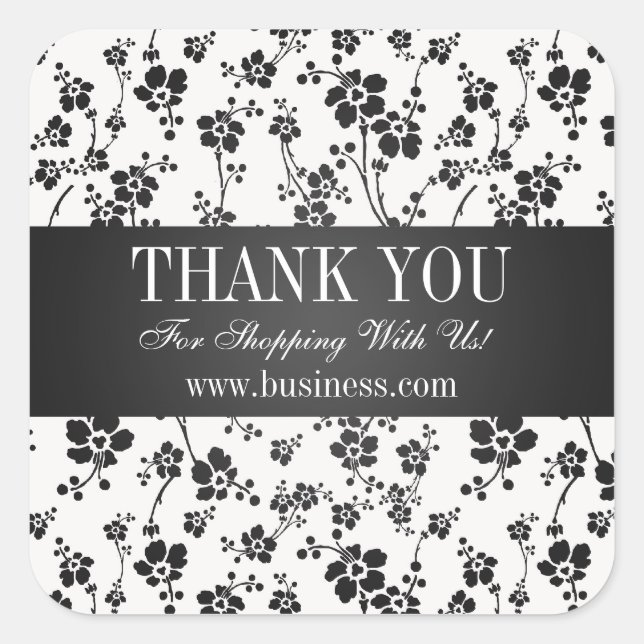 Business Thank You Salon Floral Black Square Sticker (Front)
